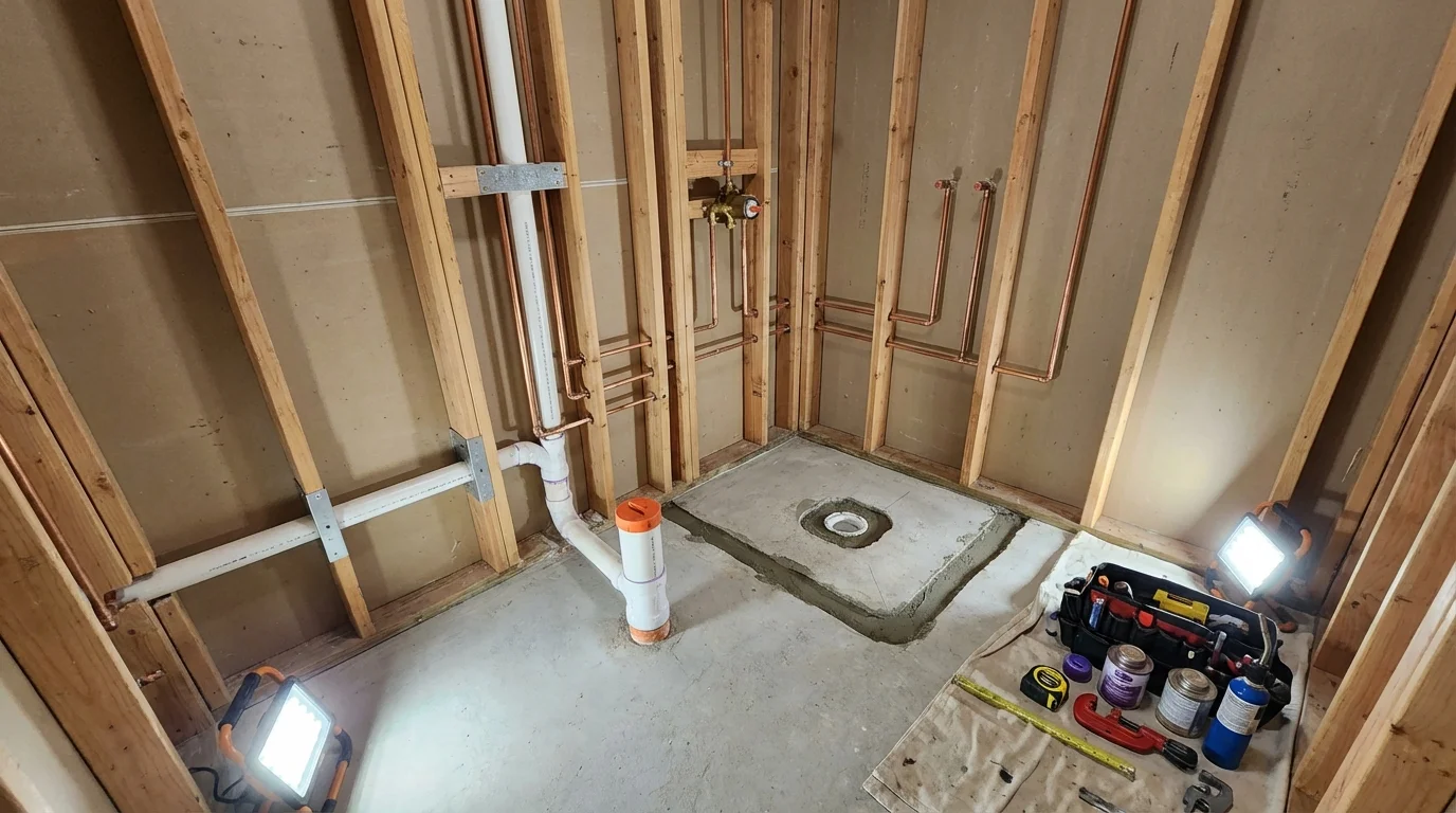Bathroom rough-in plumbing during remodel by Johns Plumbing LLC in Franklinton