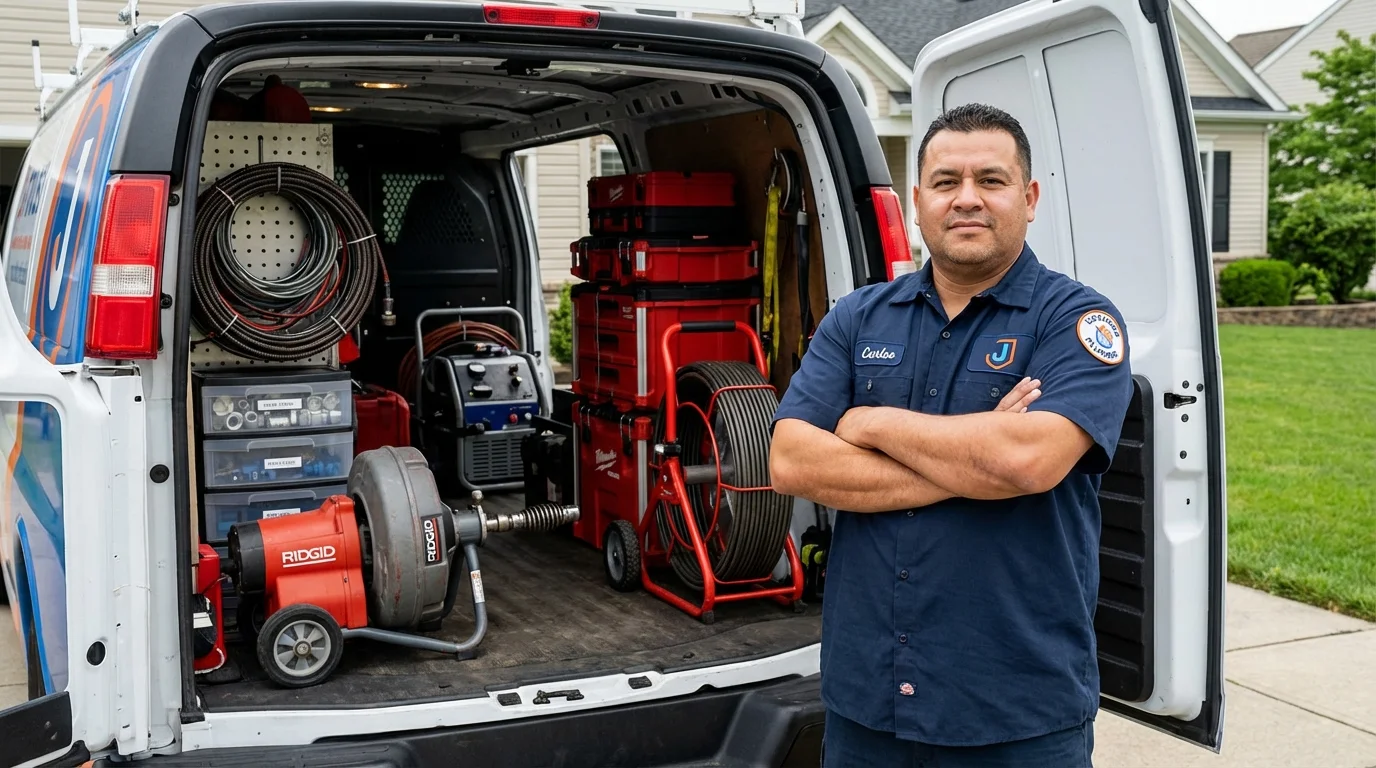 Professional drain cleaning equipment and Johns Plumbing LLC plumber in Franklinton