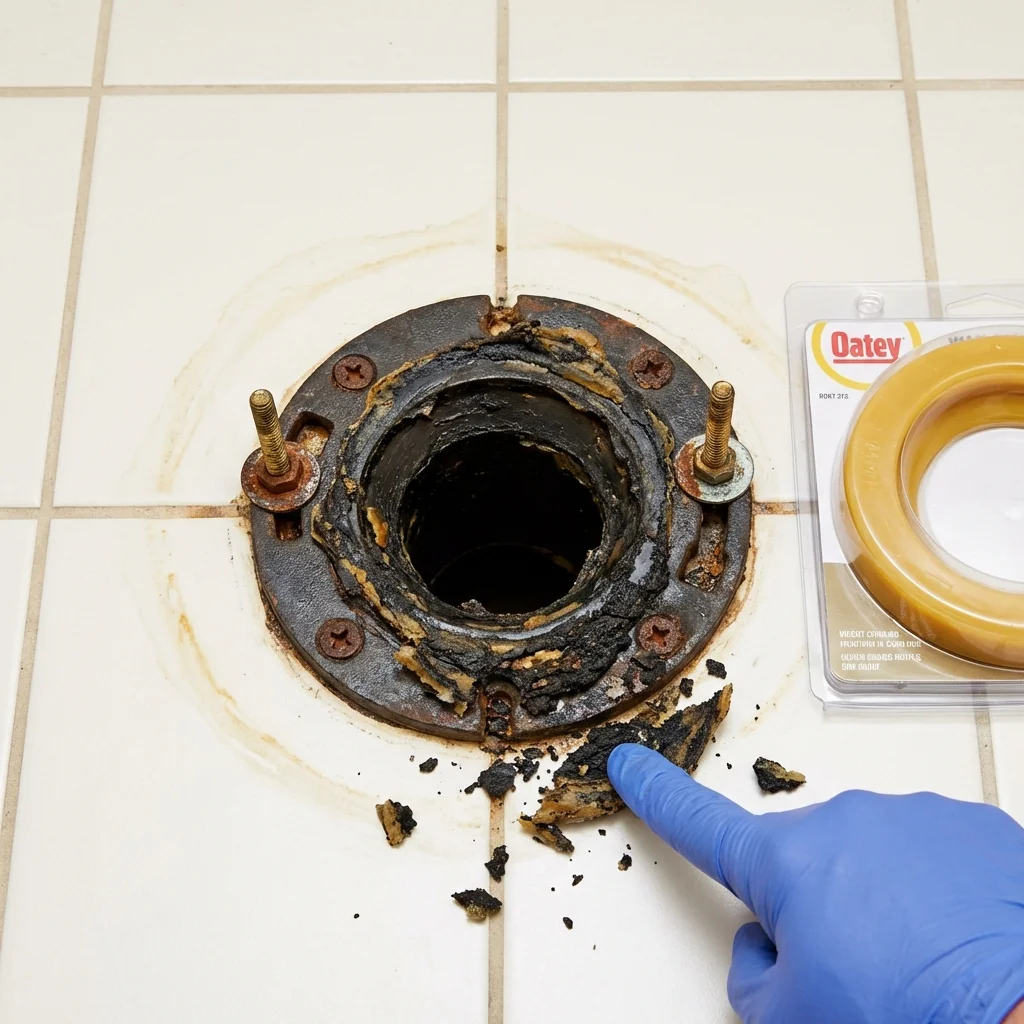 Failed wax ring showing water seepage at the base of a toilet in a Franklinton, NC home