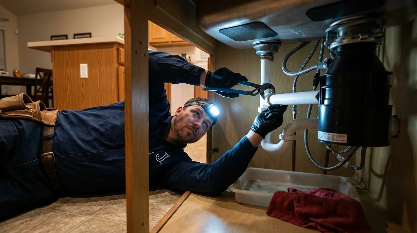 P-trap and supply line connections under a kitchen sink showing a common leak point in Franklinton, NC